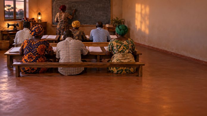 Adult education in Africa: evening literacy class with exercise books and chalkboard