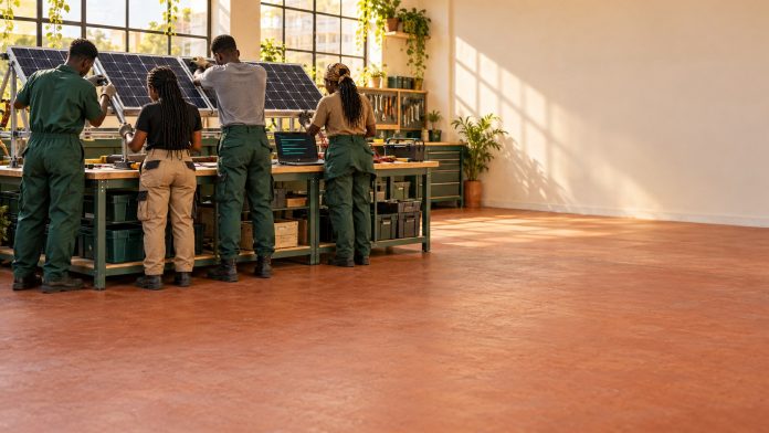 Apprentices installing a solar panel beside a laptop, illustrating digital and green skills training in Africa