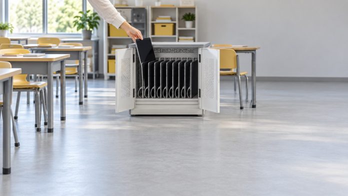 AI in schools: classroom tablets stacked in a charging cart with screens dark, a teacher's hand placing the last one