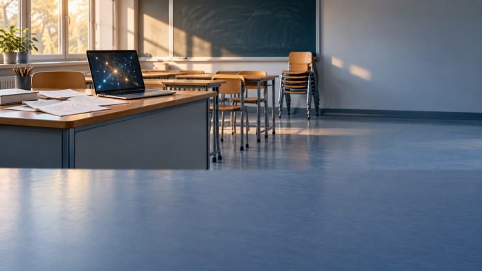 AI literacy framework for schools: teacher's desk with lesson notes and a laptop
