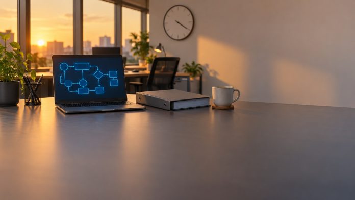 AI skills training: office desk with laptop, unopened training binder and wall clock