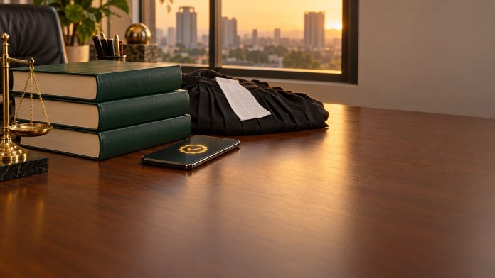 CPD for lawyers in Nigeria and Ghana: law books, gown and a digital badge on a phone