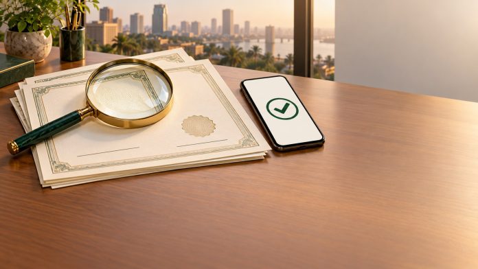 Certificates under a magnifying glass illustrating verification of credential issuers in Africa