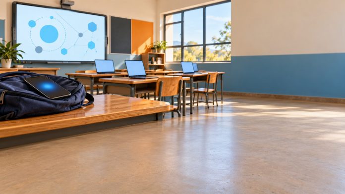Digital learning in Africa: classroom smart board and laptops on wooden desks