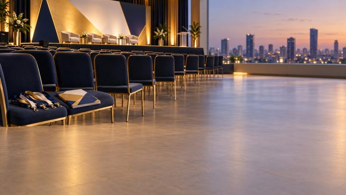 Empty conference hall ready for education events in Africa and Europe in 2026