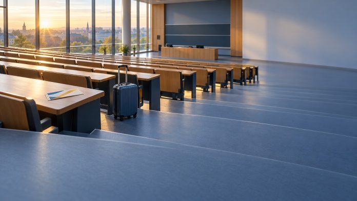 EU student fees: empty UK lecture hall with a suitcase on the aisle steps