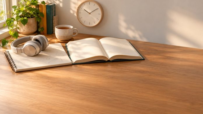 Open book and headphones on a desk, illustrating learning books and podcasts for trainers