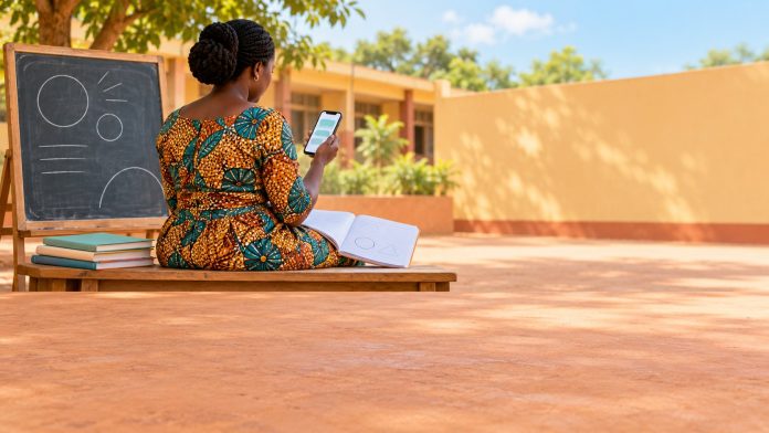 Teacher reading a short lesson on a smartphone, an example of mobile learning in Africa