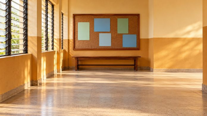 School safeguarding: empty senior high school corridor in Ghana in the early morning