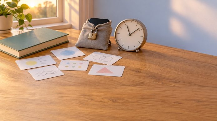 Flashcards and a locked phone pouch on a student desk, illustrating study techniques research