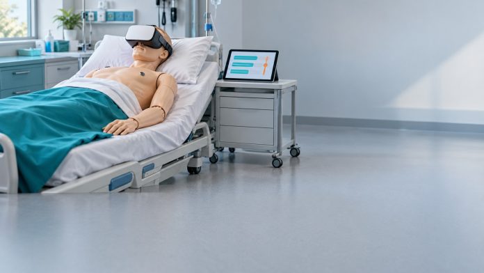 VR headset on a medical mannequin in a simulation room, representing virtual reality training